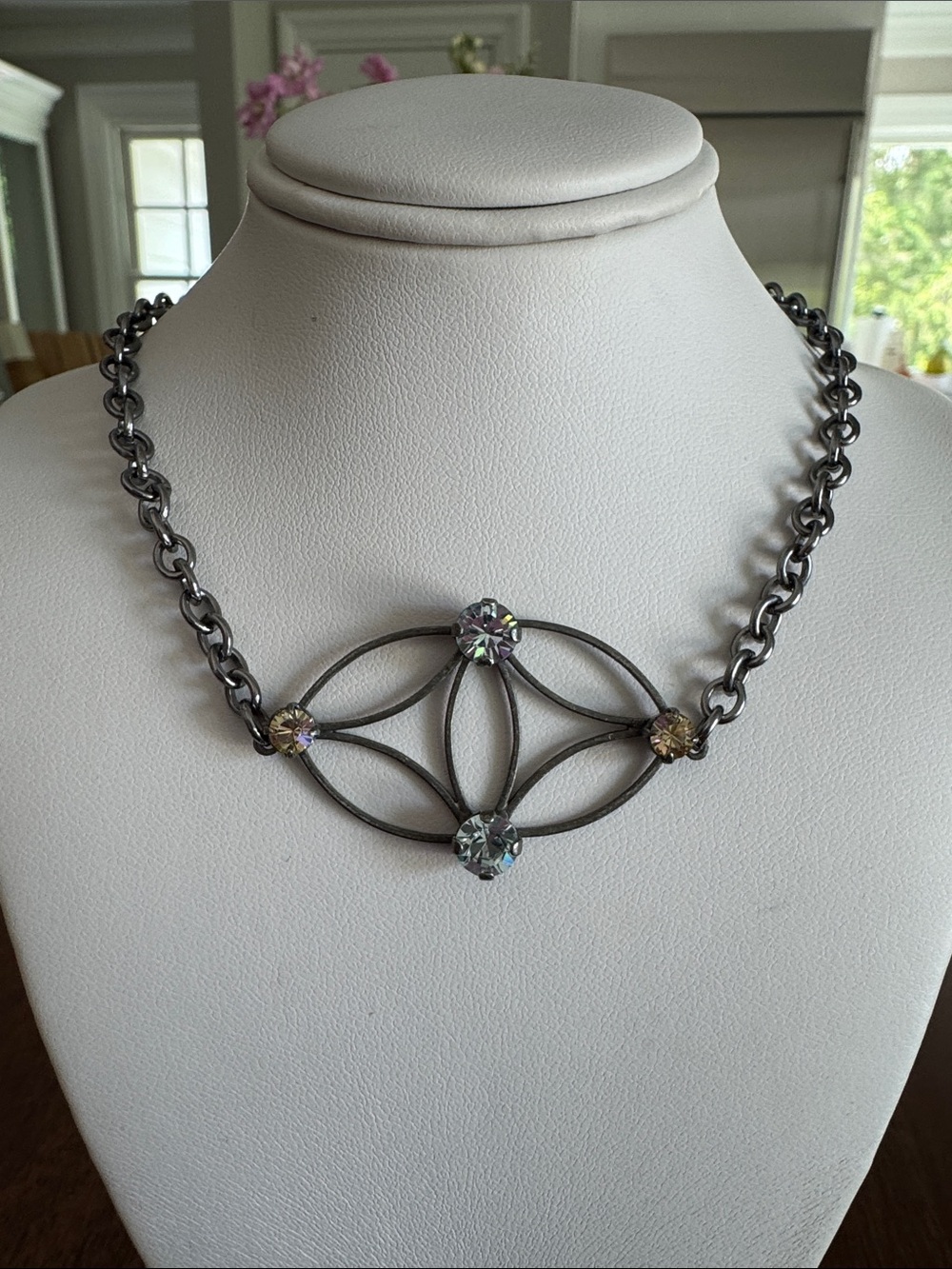 Sabika Gunmetal Floral Link Necklace with Iridescent Crystals